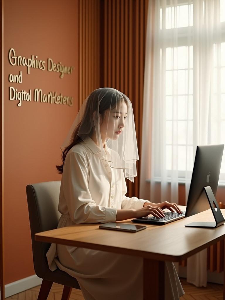 A girl is seated at a modern desk engaged in work on a computer. She wears a beautiful white dress and a delicate veil. The room has a serene atmosphere with natural light. The wall features the words 'Graphics Designer and Digital Marketer'. The space reflects a warm and inviting workspace. Wooden slats allow light while providing privacy. The walls are a soft orange hue. The flooring showcases a herringbone pattern. Overall, the design is minimalistic yet warm.