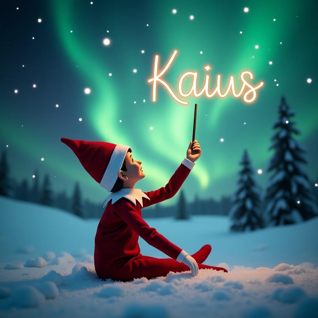 An elf on the shelf in a snowy landscape writing 'Kaius' with a magic wand. Background features mesmerizing northern lights. Elf is facing away from the viewer, creating a sense of wonder. Magical atmosphere typical of Christmas. Snowy ground enhances the festive feel.