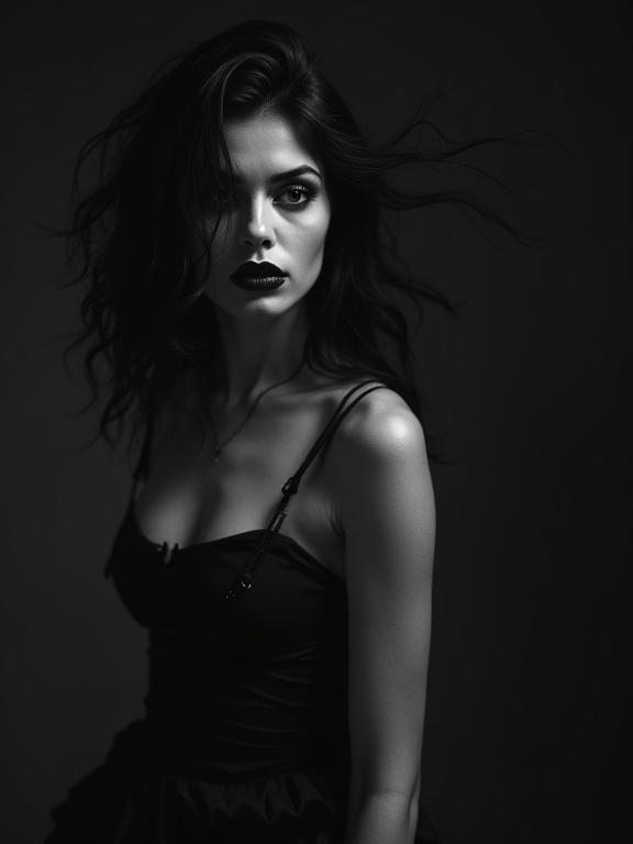 Image features a monochrome portrait of a gothic woman. Shadows and contrasts create a film noir feel. Emphasizes dark beauty and mystery.