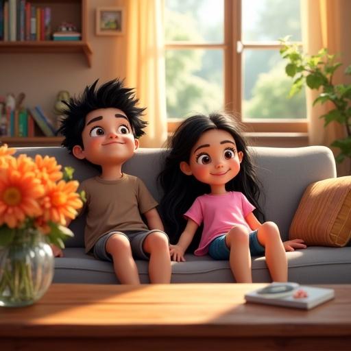 Animation style children lounging in cozy living room. Luna has long wavy black hair, wearing pink shirt and blue shorts. Leo has messy black hair, wearing brown t-shirt and gray shorts. Sunlight shining through windows. Colorful books and artwork in background. Vase of flowers on table.