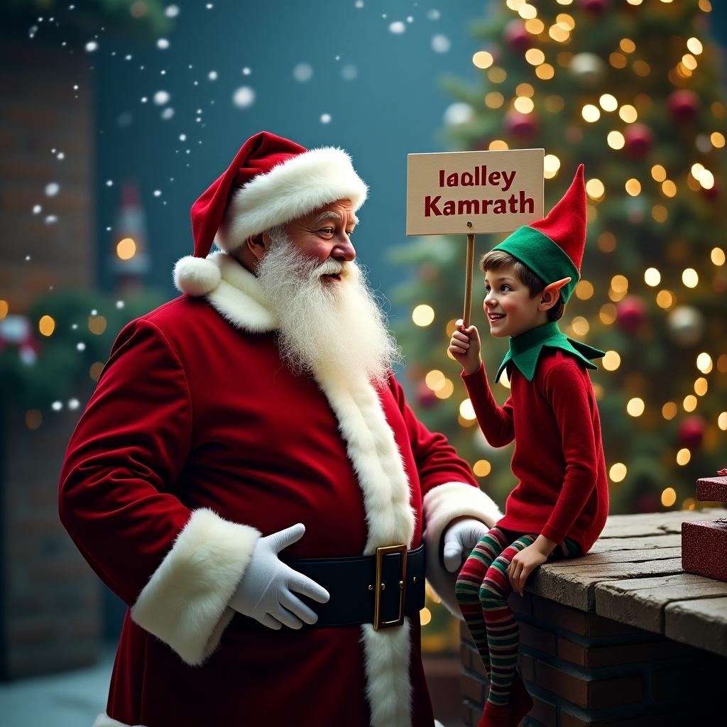 Magical Christmas background with Santa Claus and an elf. The elf holds a sign saying Hadley Kamrath. Cheerful holiday atmosphere with festive decorations.