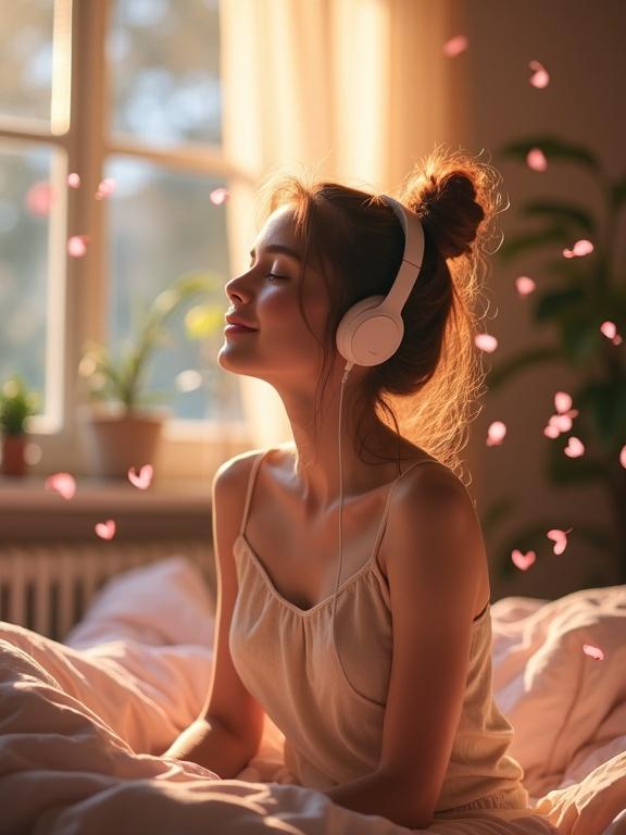 A teenage girl enjoys music wearing wireless headphones. She has a soft smile and closed eyes exuding happiness. Gentle musical notes and cherry blossom petals float around her. The room is illuminated by warm golden light. Cozy setting with pastel tones creates healing vibes. The girl's hair gently flows. She sits on an unmade bed with a serene atmosphere.