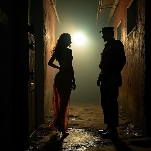 Dimly lit alley with silhouettes of an exotic dancer and a police officer. A rival performer watches in the background. Tension in the air. Shadows and light create a dramatic effect.