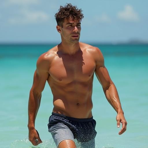 Realistic photograph of handsome muscular young man wearing swimming trunks by the ocean