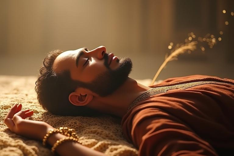 Man lying peacefully with closed eyes and tear. Hand holds prayer beads. Background softly illuminated. Symbolic straw in corner represents a wish. 