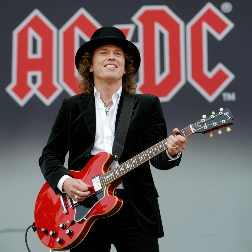A guitarist performing on stage with a red electric guitar in a live concert setting. The musician is wearing a black outfit and a black hat, smiling while playing. Background features AC/DC logo prominently displayed.