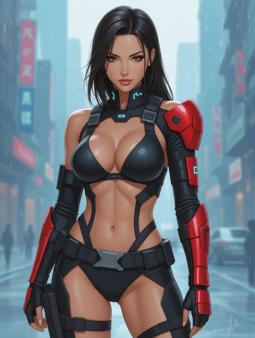 Character design inspired by video game culture. Female character in a cyberpunk city setting. Wears a sleek black and red outfit. Emphasis on confidence and strength.