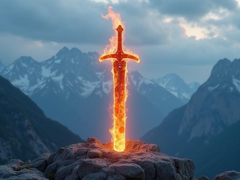 Fiery sword made of glass sticks out of rocky ground in the mountains. Sword handle on top surrounded by flames. Ground beneath sword glows. Detailed mountains in background. Blue and gray clouds cover sky.
