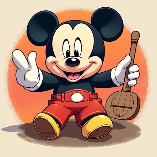 A cartoon character resembling Mickey Mouse sits happily. Character wears red pants and yellow shoes. Character holds a musical instrument. Background has an orange gradient. A joyful and playful demeanor is obvious.