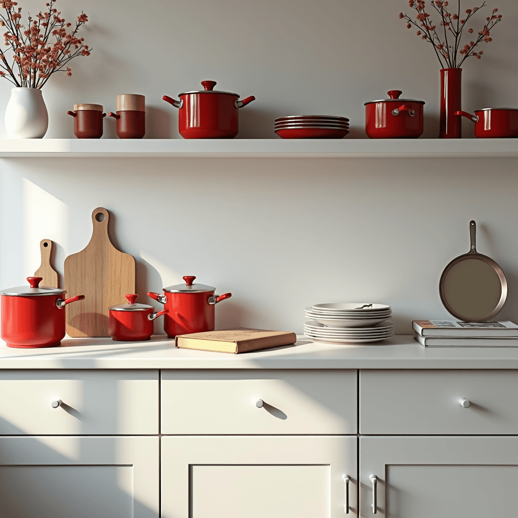 A neatly arranged kitchen with red cookware and dishes on white shelves.