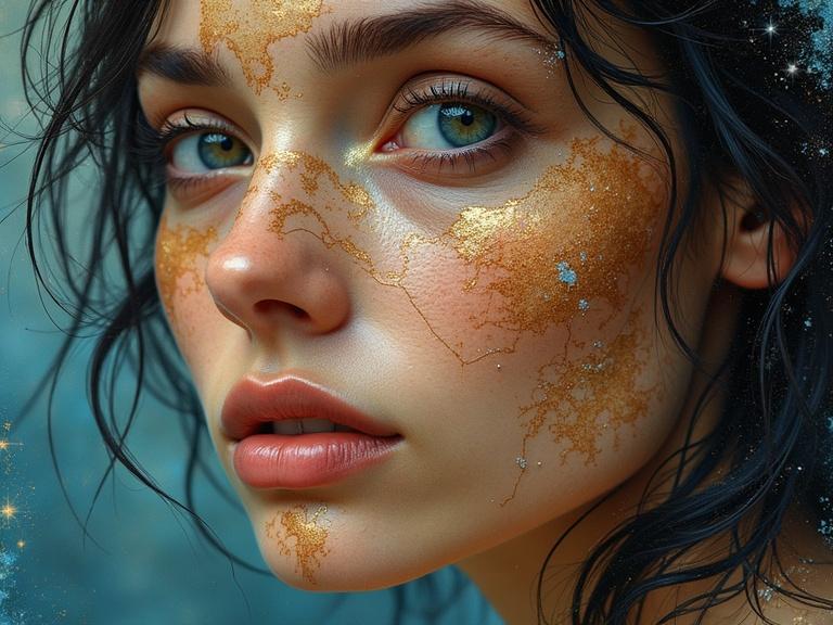 Close-up portrait of a beautiful woman 30 years old. Characterful face with an engraved map on her skin. Lines glow with inner light. Mystical gaze full of knowledge. Map depicts a fantastic world with galaxies and constellations. Background with cosmic colors in a soft blur. Impasto torn paper and oil painting style with thick brushstrokes and vibrant colors. Emotionally powerful mood evocative of the art style of Olga Buzova.