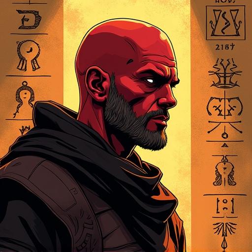 Anime-style digital illustration of a man with ash-red skin. The man has a beard and wears a cloak. Background includes ancient papyrus with mystical runes. Artwork features bold ink outlines and dramatic shadows. Soft warm lighting enhances details.