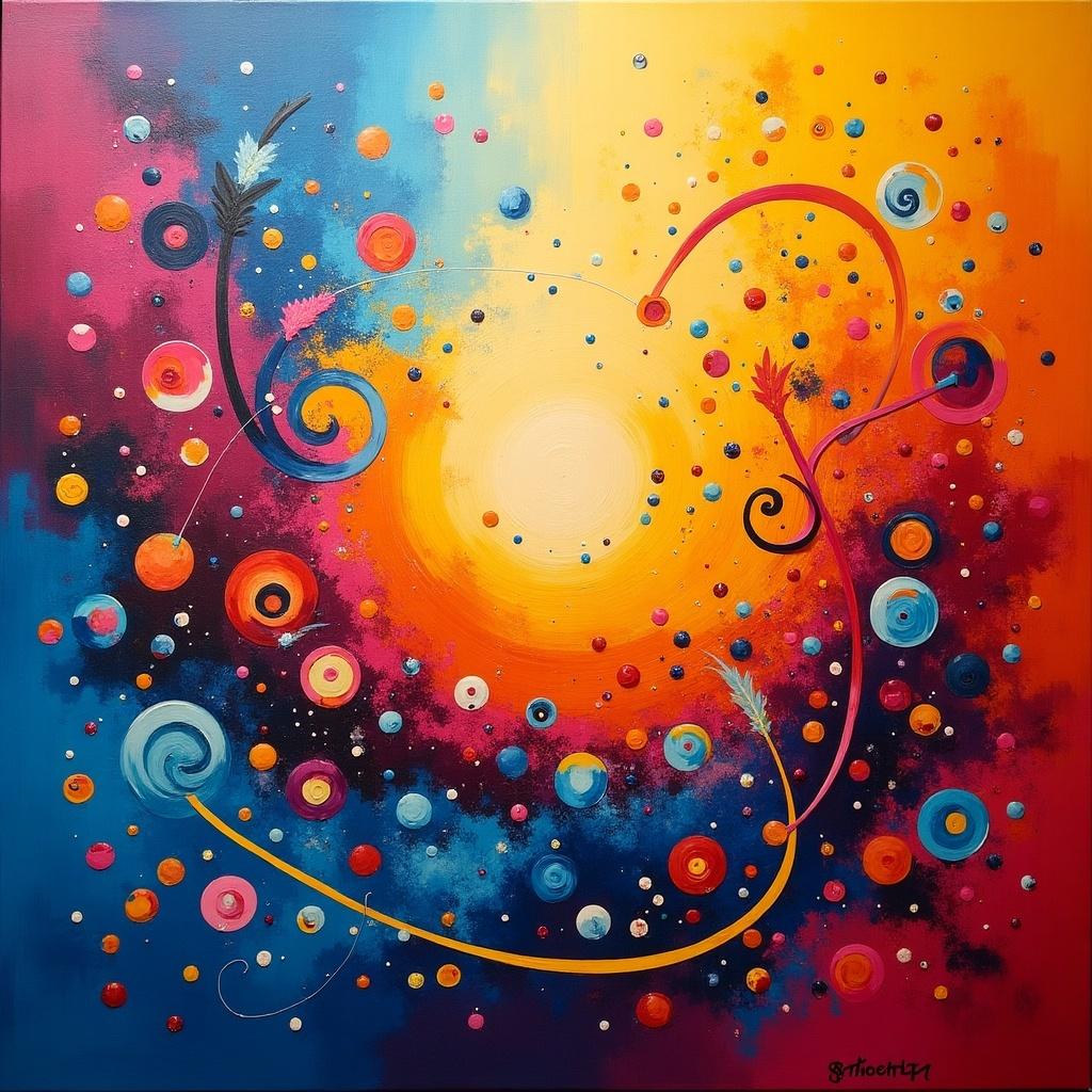 Freestyle abstract painting with vibrant colors. Colorful swirls and circular forms. Bright central sun. Energetic and joyful design.