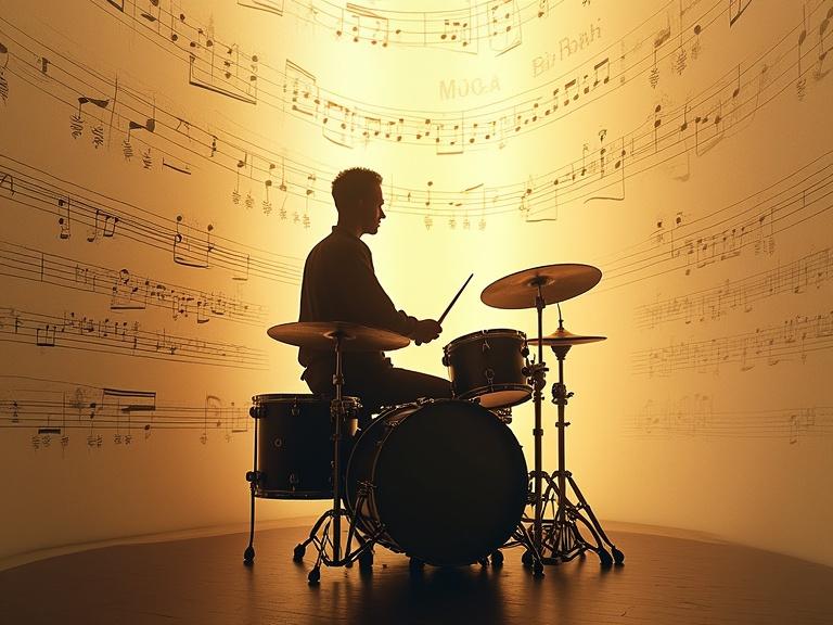 Silhouette of a drummer playing drums. Drummer surrounded by floating sheet music. Futuristic and ethereal aesthetics. Visionary concept art.