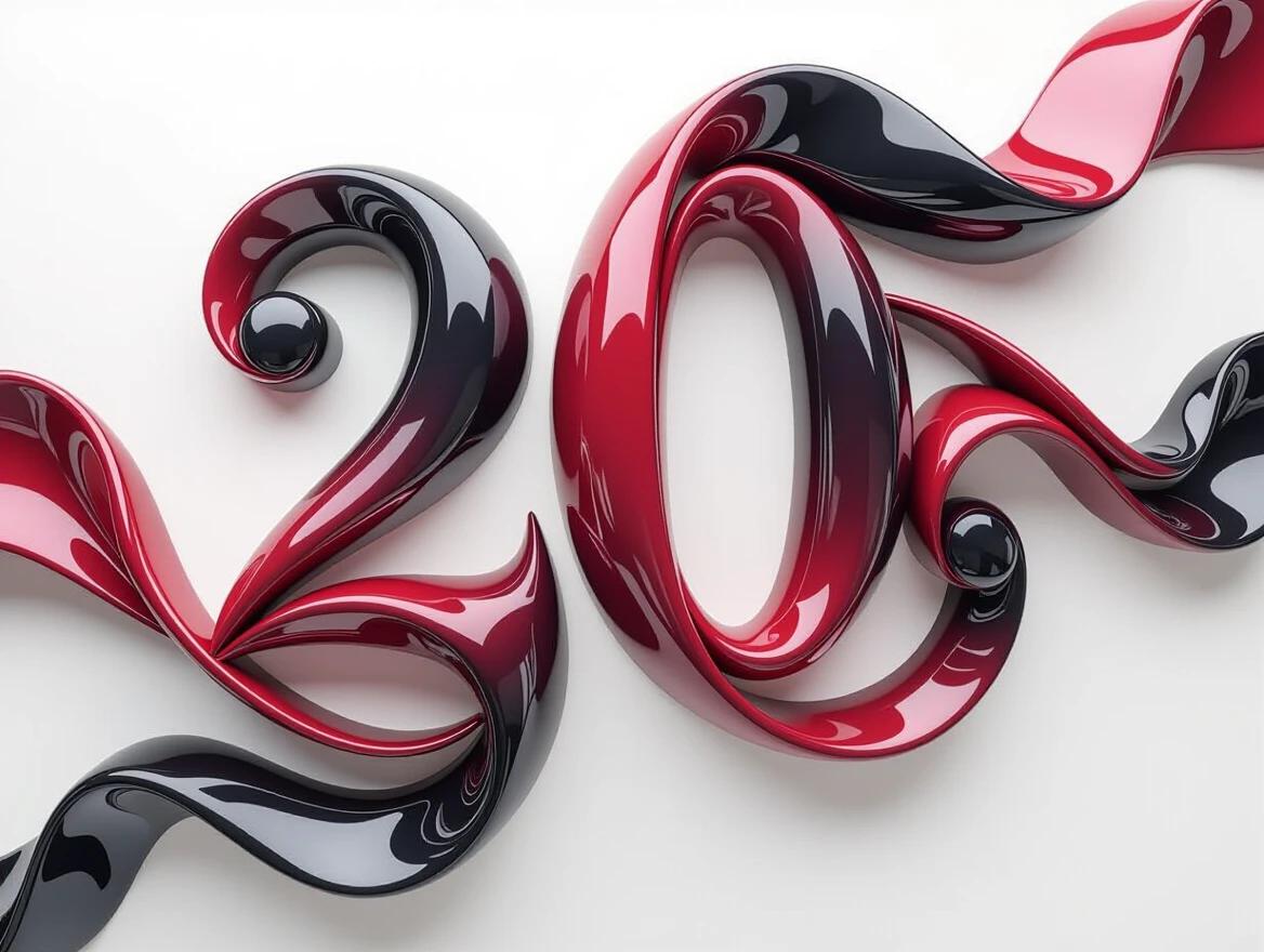 3D flowing ribbon forms the number 20 in glossy deep red and black. Smooth curves and elegant shapes against a white background. Abstract and modern design with ethereal qualities.