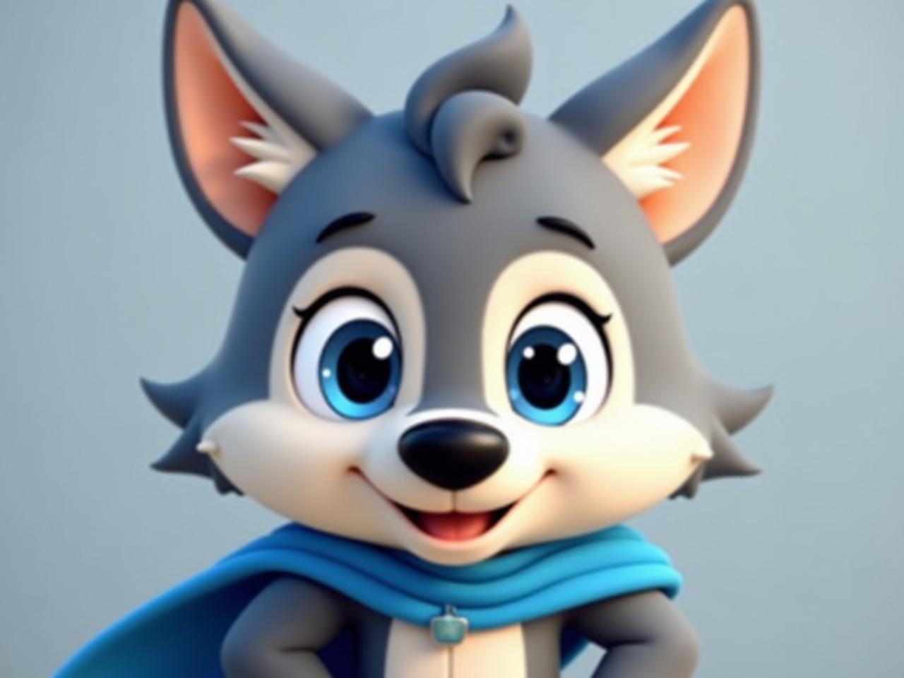 The image features a cartoon character that resembles a cute wolf. The character has big, expressive eyes and a friendly smile. It is wearing a superhero costume, which includes a gray outfit with blue accents and a blue cape. The character's ears are pointed, reflecting its wolf-like nature, and it has a tuft of gray hair on its head. The overall appearance is playful and inviting, suitable for a younger audience.