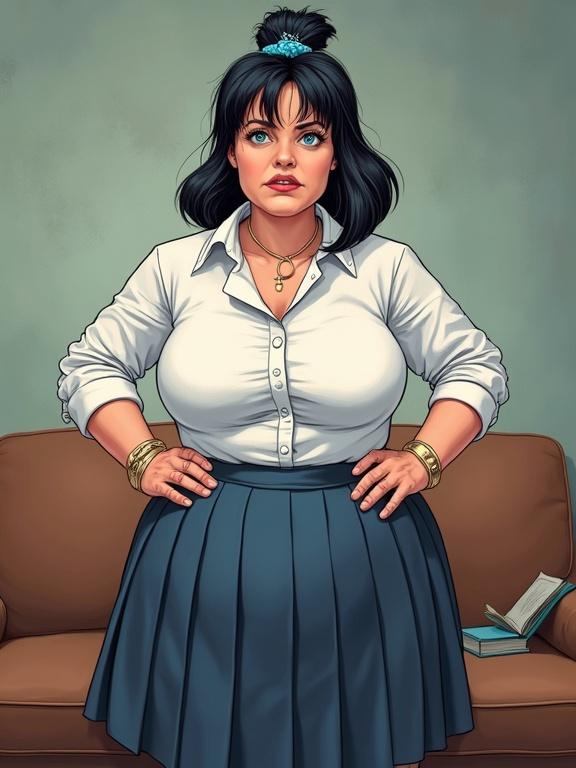 Full body portrait of a woman with dark shoulder length hair and blue eyes. She has fair skin and shows signs of maturity. The outfit includes a strained white blouse and a pleated blue skirt. There is a nervous look on her face and she is posed awkwardly. A blue scrunchie and silver hairclip add to her appearance. The background features an office couch.