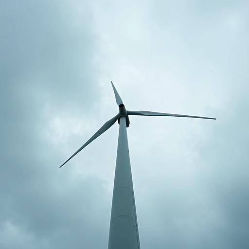 Towering wind turbine stands against cloudy sky.