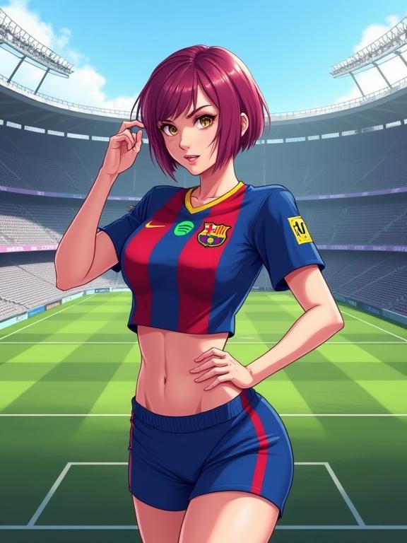 Digital anime illustration features a young female character with short dark pink hair and golden eyes. Wearing a cropped FC Barcelona jersey in blue and red stripes and tight blue athletic shorts. The character poses provocatively in a soccer stadium. The background includes empty grey seats and a green grass pitch with white markings. The lighting enhances the character's features. Digital cel-shading and linework create a vibrant scene.