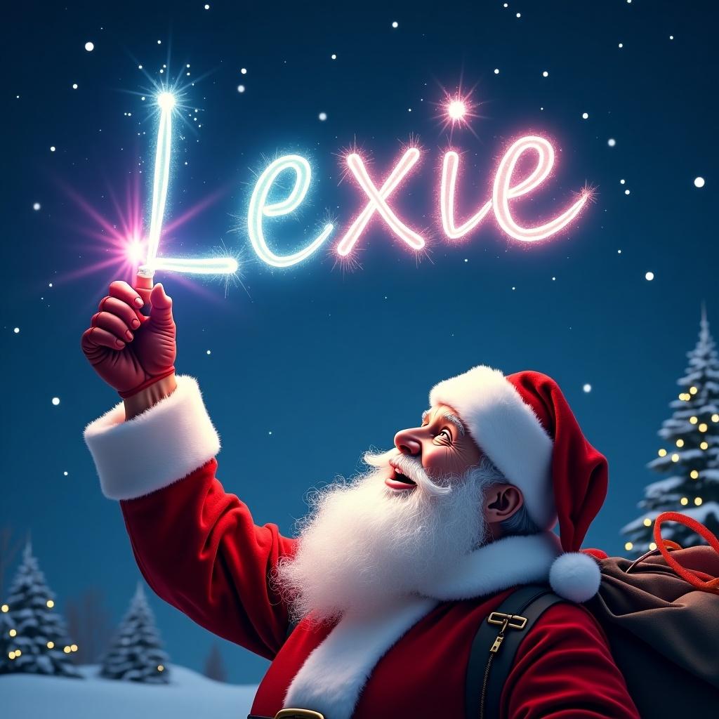 Christmas theme with Santa Claus writing name 'Lexie' in colorful font in the sky with glow pen