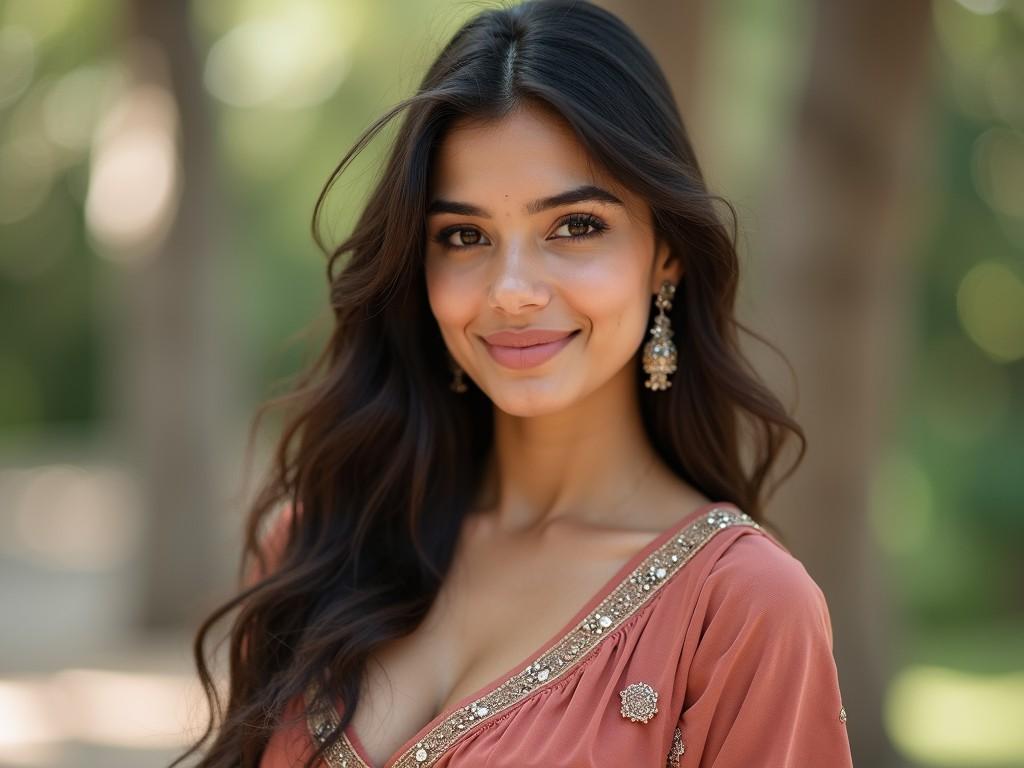 The image features a young woman with long, flowing dark hair, posing against a softly blurred natural background. She's wearing a beautifully embellished peach dress and ornate earrings. Her smile and serene expression convey warmth and confidence, accentuated by the soft, natural light illuminating her face.