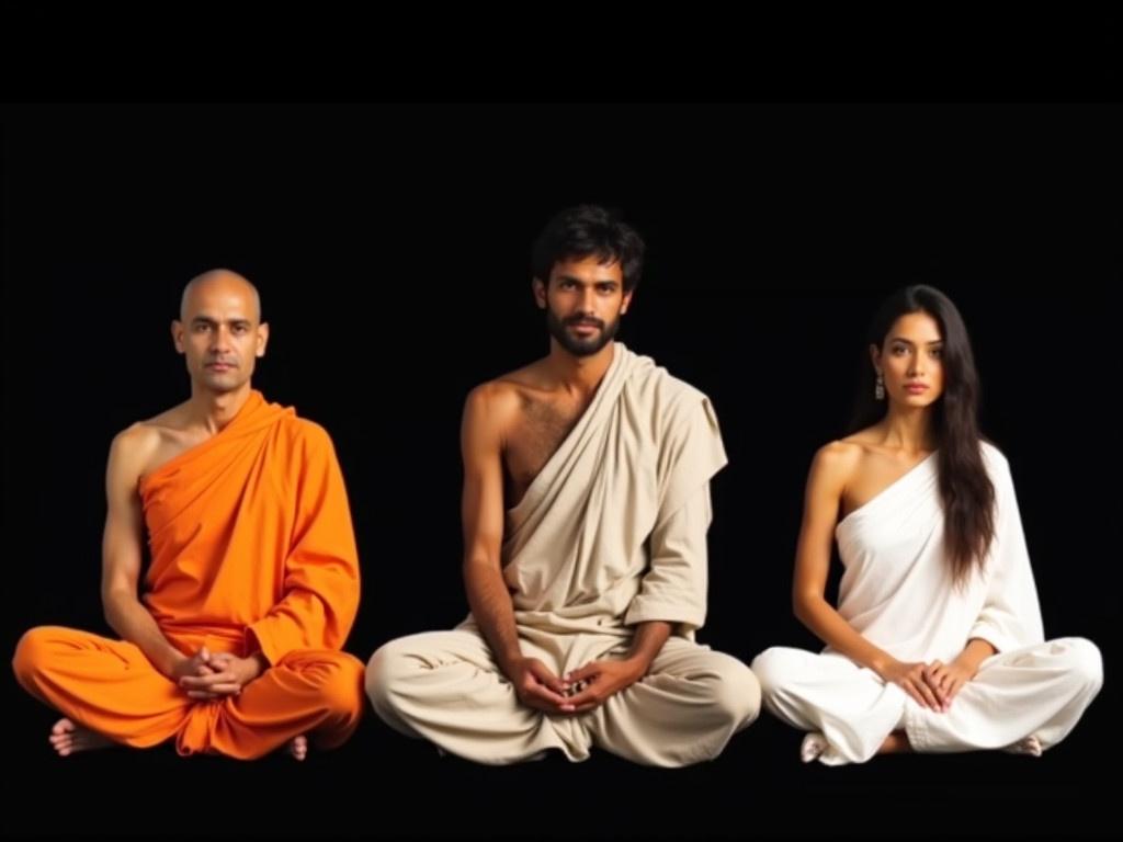 The image features three individuals sitting in a meditative pose. The person on the left is dressed in orange robes and has a calm demeanor, embodying a peaceful spiritual presence. The middle figure is shirtless, wrapped with a traditional white cloth, suggesting a connection to ascetic practices. The figure on the right is draped in a white sari and has long hair, appearing serene and focused. The background is completely black, which adds to the emphasis on the calm and serene expressions of the subjects.