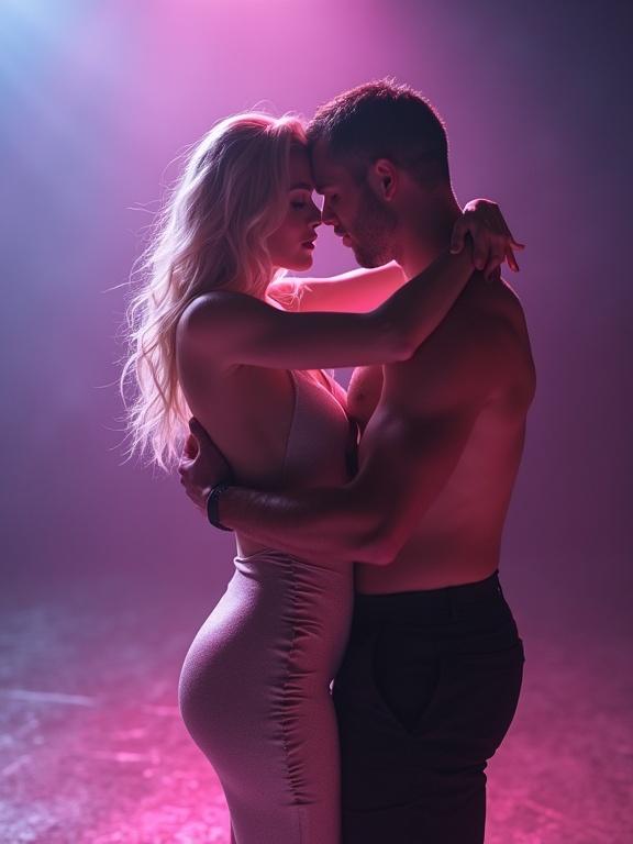 Dynamic duet on nightclub stage with emotional tension. Dancer in tight metallic dress performs with a strong partner. Neon lights create a shadowy atmosphere. Hair flows during sharp movements. Engaging choreography portrays conflict and resistance. The dance communicates survival without words. The stage fades to darkness.