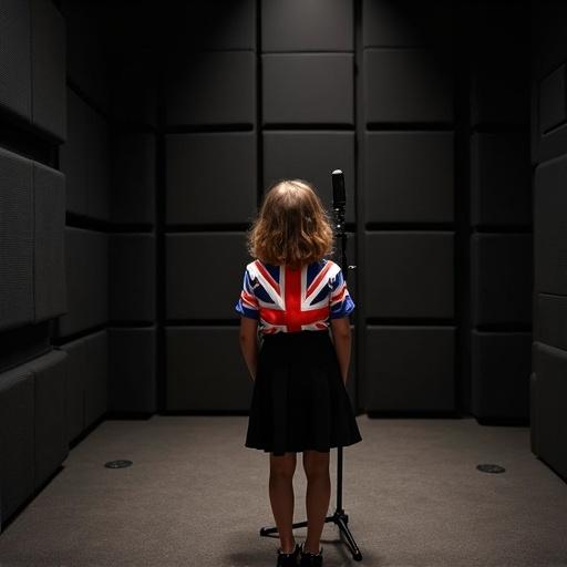 Studio room featuring microphone in center. Black square soundproof walls and ceiling. Photorealistic image with high detail and quality. Scene includes 12 year old British girl wearing black skirt and shirt with UK flag. She faces towards viewer under bright lighting.