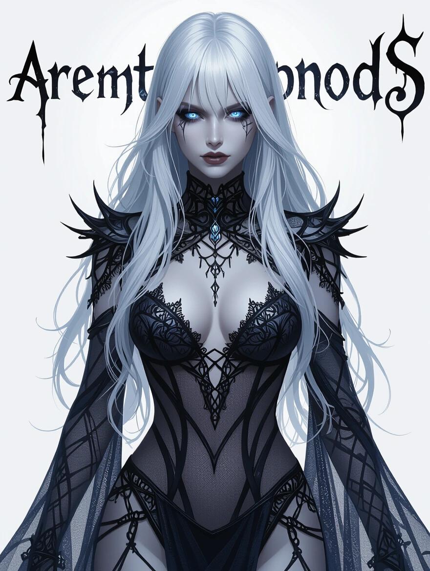 A sorceress with long, platinum blonde hair woven with midnight blue strands. Skin is ghostly pale with a blue undertone. Silver eyes glow ethereally. The bodysuit is semi-transparent with shadow and lace, featuring cursed runes. The silhouette is commanding and graceful. She stands barefoot in a shattered moonlit wasteland with cracked ground and dead trees. Black metal jewelry decorates and a corrupted crystal hovers at her chest. Fingers outstretched, casting dark mist.