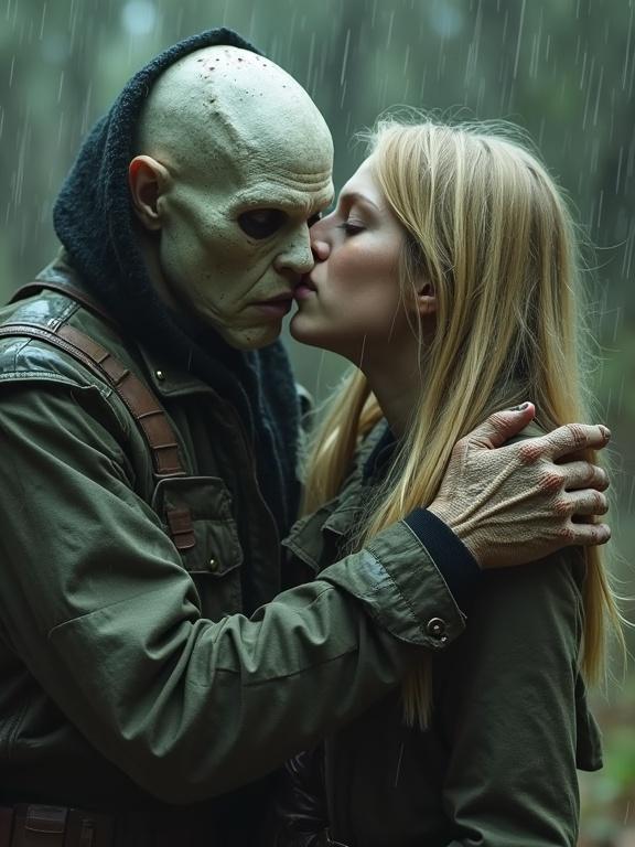 An emotional moment between a pale, eyeless being and a young slavic woman. The beings' skin appears stretched and features many fingers. They stand in a forest during rain. The woman wears a torn explorer's uniform. They share a kiss, creating a blend of horror and intimacy.