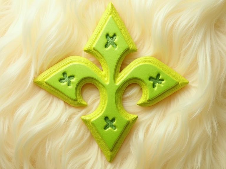 A lime green runic sigil on a beige fluffy background. The sigil has a decorative shape and is vividly colored.