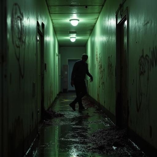 A dark corridor stained with blood. A shadowy figure walks through the water-covered floor. The walls are painted in dark green, with horrific drawings. The lighting is dimly lit, creating a tense and claustrophobic atmosphere. This captures a nightmarish horror setting similar to zombie films.