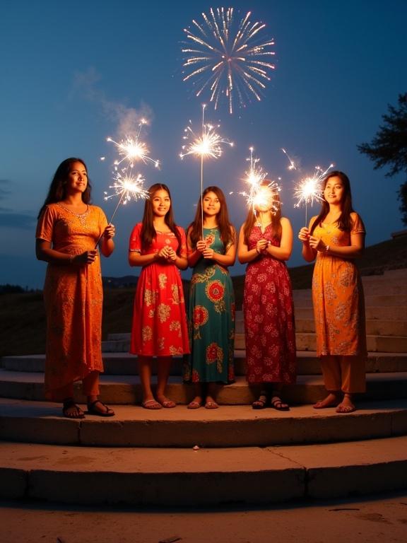 Five individuals in colorful cultural clothing stand on stone steps at twilight. They are holding sparklers that create light trails. Fireworks faintly visible in the upper background.