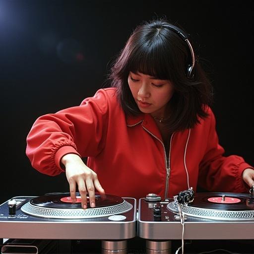 Female DJ cutting on turntables at a music event. Fast turntable tricks at a DJ championship. Bright red outfit. Close-up of hands on equipment. Dramatic lighting accentuating the DJ.