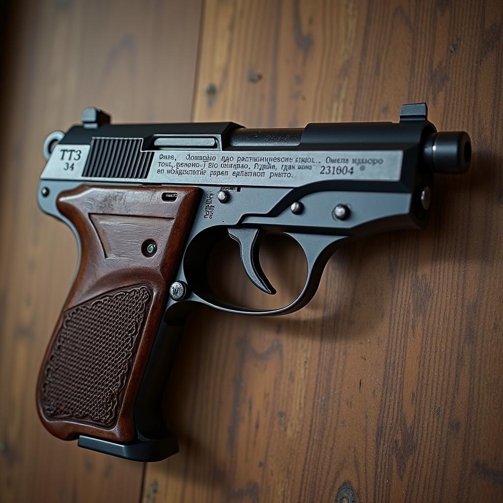 Image of a Tokarev TT-33 pistol displayed on a wooden surface. The pistol features wood and metal elements, showcasing engravings and details.