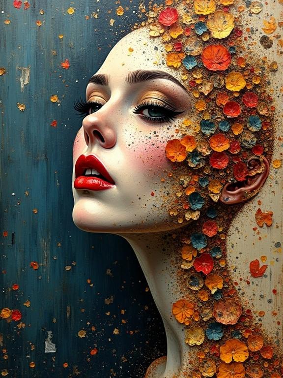 Woman's face adorned with floral elements. Multi-layered textures create depth. Rich colors and mix of materials used. Impasto style with scratches and tears. Creates a magical feeling. Stunning composition. High resolution.
