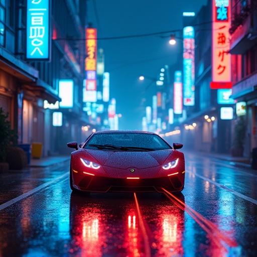 A cyberpunk city street filled with neon lights creates a vibrant atmosphere. A futuristic Lamborghini moves silently on glistening pavement. Laser-lit wheels leave trails. A deep blue-red light pulses across the grille. Rain creates reflective puddles. The scene captures both stunning visuals and a dynamic mood.