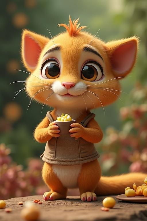 A cute cartoon cat character is standing in a natural setting. This cat has orange fur and expressive big eyes. It is holding a small bowl filled with food. The background features lush greenery and a blurred environment that enhances the charm of the character.
