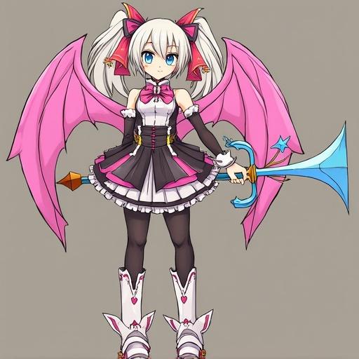 An anime-style character with wings and a sword. The design has a mix of pink and black colors, suitable for a cyber-themed environment. The character looks cute and assertive.