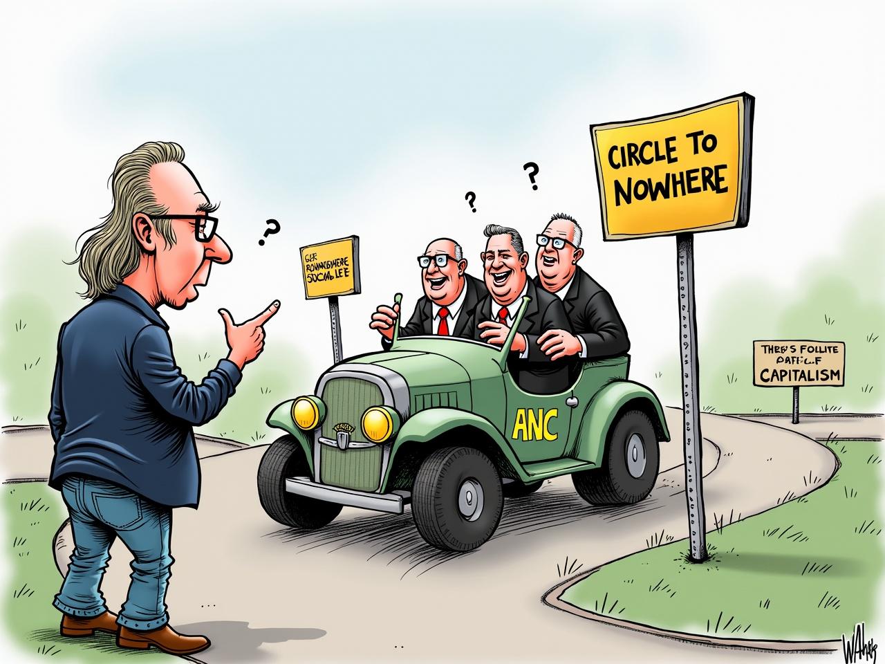 A political cartoon featuring a roundabout named "Circle to Nowhere" with a sign for "Socialism." A large, clunky car labeled "ANC" is depicted driving in endless circles. Seated atop the car are overweight bureaucrats in suits, either laughing or looking completely confused. To the side, there’s a slender middle-aged man resembling Rob Hersov, characterized by exaggerated features like a prominent nose and wide, expressive eyes with raised eyebrows. His long, wavy, light-colored hair is slicked back. He’s dressed in jeans, brown shoes, and a navy blue long-sleeve shirt, standing confidently while pointing towards an exit marked "Capitalism," which is illustrated as the path to prosperity. The bureaucrats remain oblivious to the exit, trapped in their continuous loop.