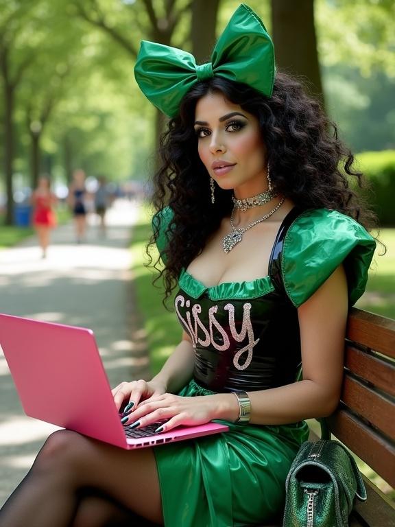 A young crossdresser sits on a park bench. They wear a green and black dress with glitter text. A pink laptop rests on their thighs. Their makeup features dramatic green eyeshadow. Thick false eyelashes enhance their eyes. Overdrawn glossy lips add to their look. Long acrylic nails have intricate designs. A green handbag is beside them. The background shows a sunny park with trees and visitors.