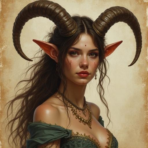 Portrait of a faun woman with horns. Background fades into worn parchment paper. Digital art with a focus on medieval and fantasy themes. Inspired by the style of Antonio J. Manzanedo.