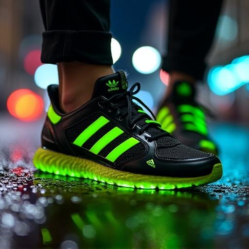Vibrant colorful battle Adidas takes on the night. Rubber sole textured with grip glows under city lights. Glossy black leather reflects urban landscape. Three stripes iconic and bold stand out in fluorescent green. Adidas logo shines through darkness. Story of power and style sneaker weapon ready to face any challenge. Capture essence of urban luxury.