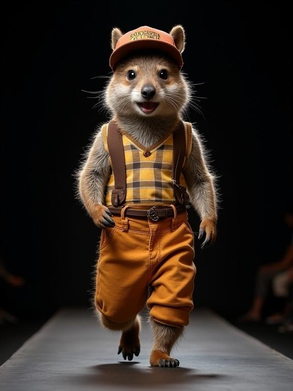 Image of a male quokka dressed in 1970s fashion smiling while walking the runway. Shot with a Canon camera and professional lens. Black background. Quokka in playful manner wearing striking outfit of pants and baseball cap. Expert lighting from above at an angle. Focused close-up with appealing camera angle.