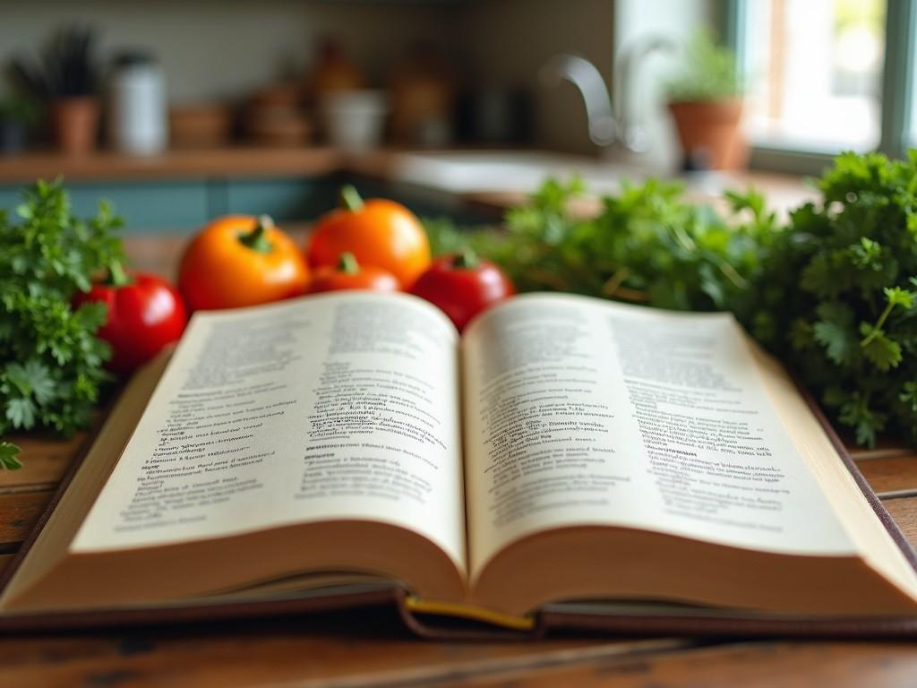 An open kitchen book sits prominently on a rustic wooden table. Surrounding the book are vibrant, fresh vegetables, including red tomatoes and bright orange ones. The setting is warm, filled with natural light from the window, creating an inviting kitchen atmosphere. Green parsley adds color and freshness to the scene. This composition highlights a love for cooking and the joy of preparing meals with fresh ingredients.