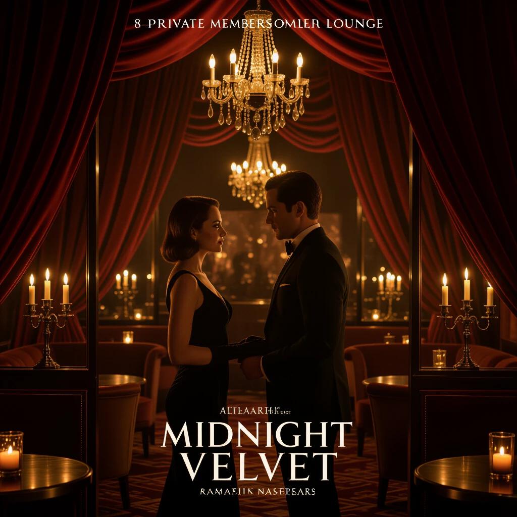 Two strangers begin a secretive affair at a luxurious lounge. Amber candlelight casts a warm glow around them. Velvet drapes accentuate the opulence. Their intense gazes reflect undeniable chemistry.
