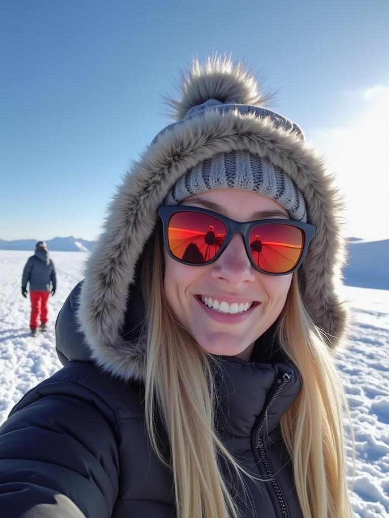 A person taking a selfie outdoors in a snowy environment. The scene shows a winter landscape with snow and mountains. The weather is bright and sunny. The individual is wearing a warm hooded jacket with fur trim. Another person is walking in the background. 