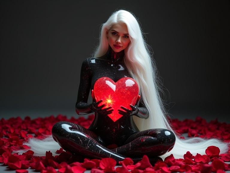 Beautiful woman in black marble bodysuit. Long white hair cascading down. Holding large glowing red heart-shaped crystal. Sitting amidst red rose petals. Emotive happy expression illuminated by soft diffused light.
