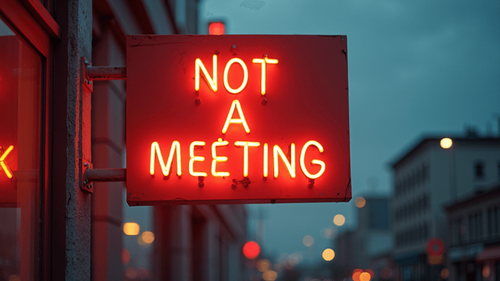 A neon sign reads 'NOT A MEETING' in bright red, set against a backdrop of an early evening city street.