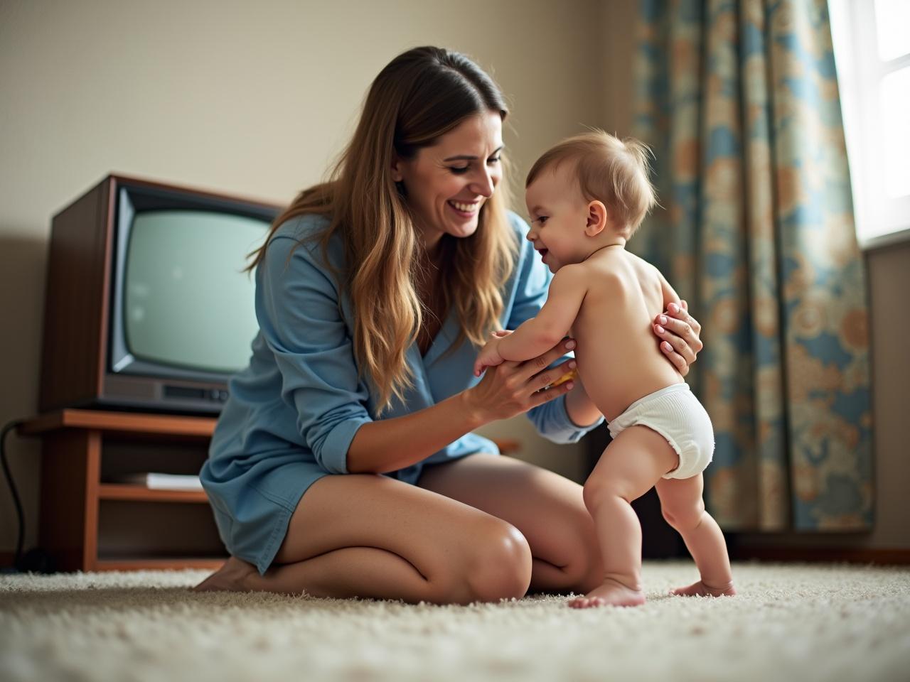 A lively scene indoors featuring a woman kneeling on the floor, playfully interacting with a small child. The child, dressed in a simple diaper, appears curious and is reaching out while being gently supported by the woman. The woman has long hair and wears a blue shirt, showing her affection as she smiles down at the child. The background includes a vintage television set and patterned curtains, enhancing the cozy family atmosphere of the room.